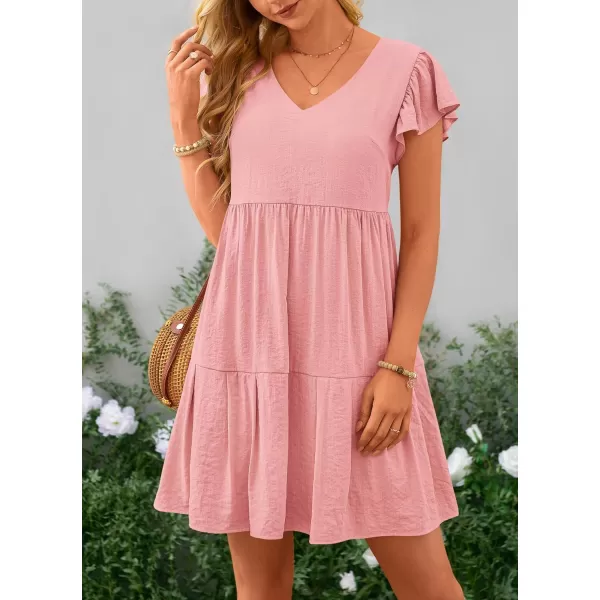 imagePRETTYGARDEN Womens 2024 Summer Casual Short Dress Cap Sleeve V Neck Tiered Ruffle Swing A Line DressesPink