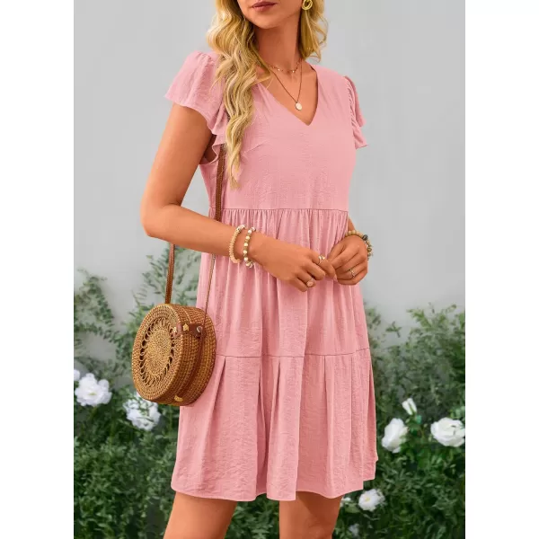 imagePRETTYGARDEN Womens 2024 Summer Casual Short Dress Cap Sleeve V Neck Tiered Ruffle Swing A Line DressesPink