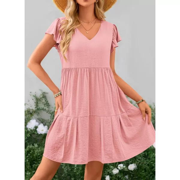 imagePRETTYGARDEN Womens 2024 Summer Casual Short Dress Cap Sleeve V Neck Tiered Ruffle Swing A Line DressesPink