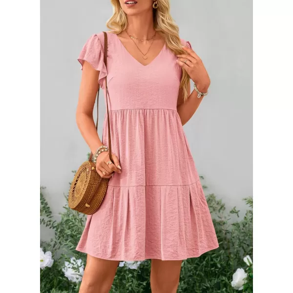 imagePRETTYGARDEN Womens 2024 Summer Casual Short Dress Cap Sleeve V Neck Tiered Ruffle Swing A Line DressesPink