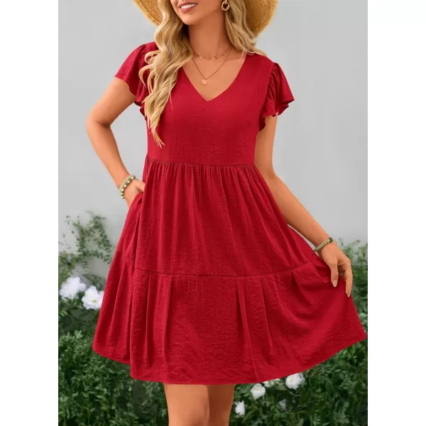 imagePRETTYGARDEN Womens 2024 Summer Casual Short Dress Cap Sleeve V Neck Tiered Ruffle Swing A Line DressesRed