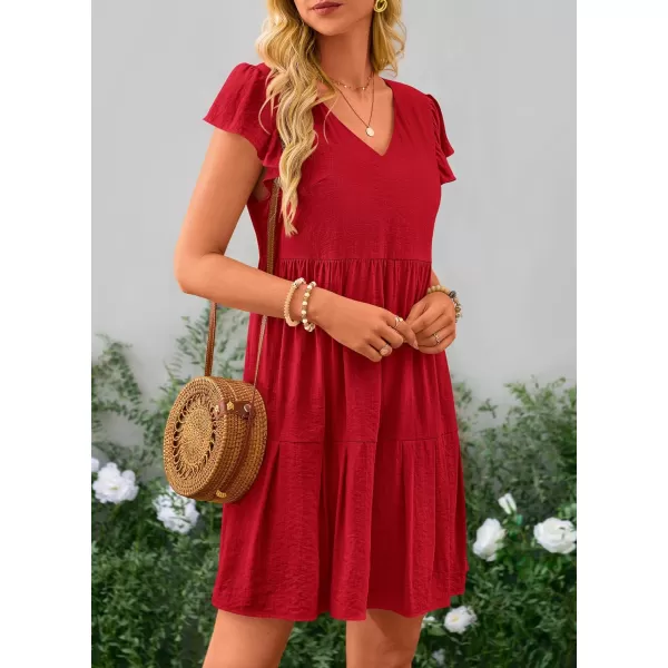 imagePRETTYGARDEN Womens 2024 Summer Casual Short Dress Cap Sleeve V Neck Tiered Ruffle Swing A Line DressesRed