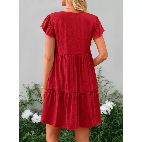 imagePRETTYGARDEN Womens 2024 Summer Casual Short Dress Cap Sleeve V Neck Tiered Ruffle Swing A Line DressesRed