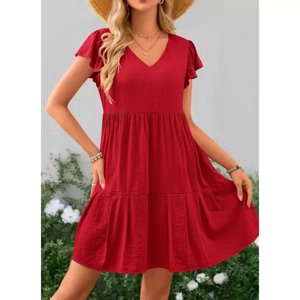 imagePRETTYGARDEN Womens 2024 Summer Casual Short Dress Cap Sleeve V Neck Tiered Ruffle Swing A Line DressesRed