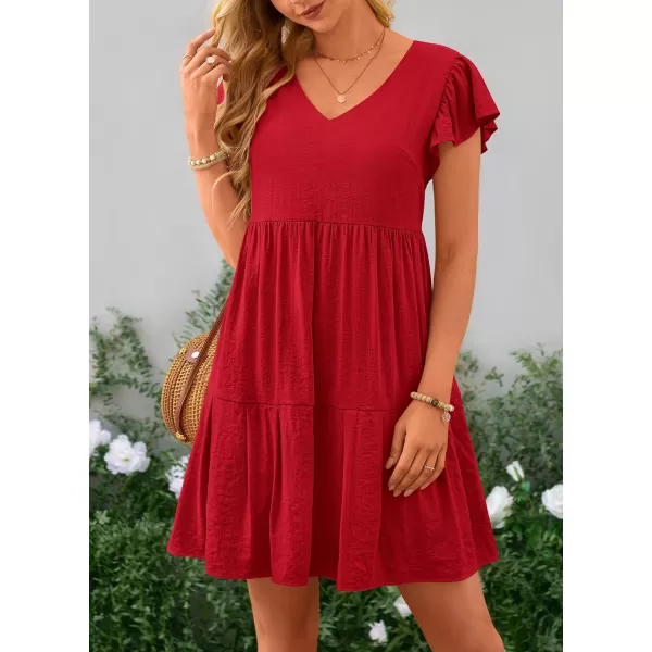 imagePRETTYGARDEN Womens 2024 Summer Casual Short Dress Cap Sleeve V Neck Tiered Ruffle Swing A Line DressesRed
