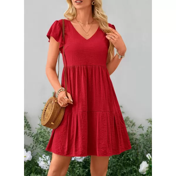 imagePRETTYGARDEN Womens 2024 Summer Casual Short Dress Cap Sleeve V Neck Tiered Ruffle Swing A Line DressesRed