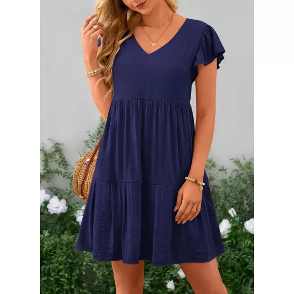imagePRETTYGARDEN Womens 2024 Summer Casual Short Dress Cap Sleeve V Neck Tiered Ruffle Swing A Line DressesRoyal Blue