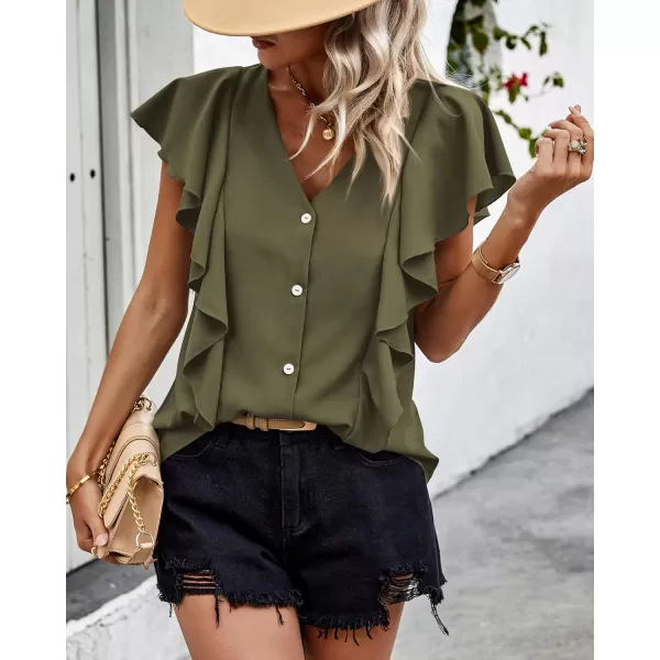 imagePRETTYGARDEN Womens 2024 Summer Cute Tops Ruffle Cap Sleeve V Neck Loose Fit Blouses Dressy Casual Fashion Ladies ShirtsArmy Green