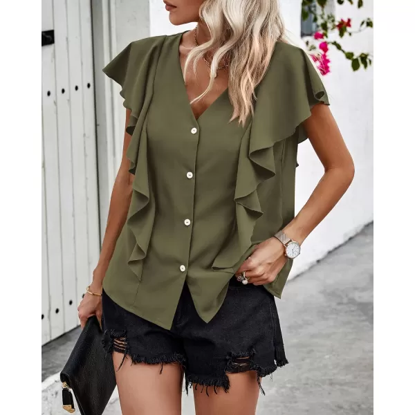 imagePRETTYGARDEN Womens 2024 Summer Cute Tops Ruffle Cap Sleeve V Neck Loose Fit Blouses Dressy Casual Fashion Ladies ShirtsArmy Green