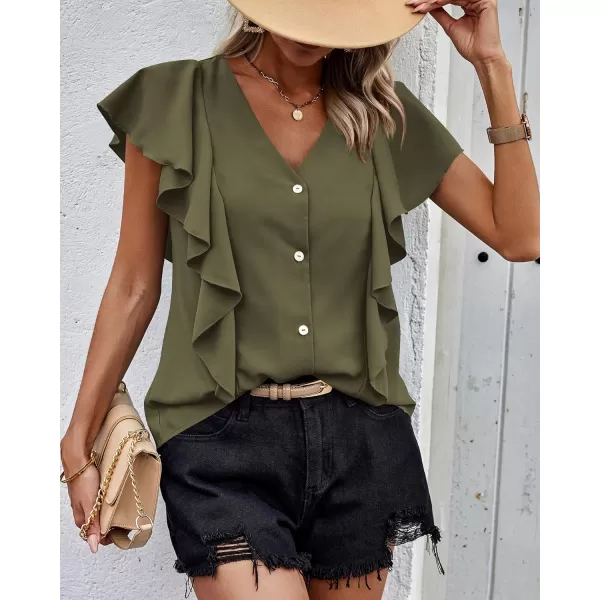 imagePRETTYGARDEN Womens 2024 Summer Cute Tops Ruffle Cap Sleeve V Neck Loose Fit Blouses Dressy Casual Fashion Ladies ShirtsArmy Green