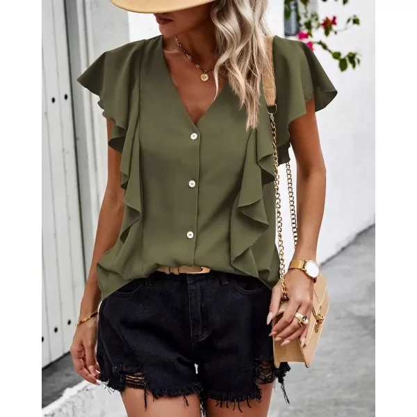 imagePRETTYGARDEN Womens 2024 Summer Cute Tops Ruffle Cap Sleeve V Neck Loose Fit Blouses Dressy Casual Fashion Ladies ShirtsArmy Green
