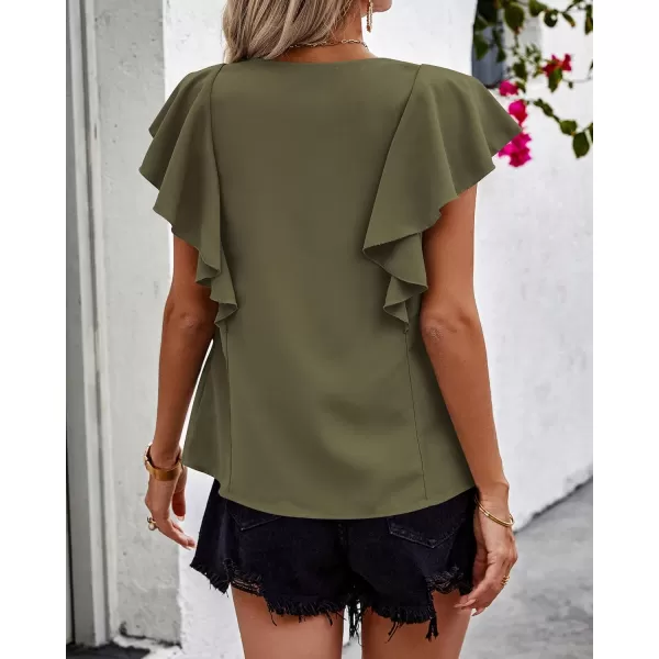 imagePRETTYGARDEN Womens 2024 Summer Cute Tops Ruffle Cap Sleeve V Neck Loose Fit Blouses Dressy Casual Fashion Ladies ShirtsArmy Green
