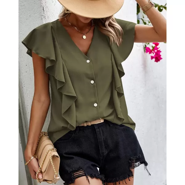 imagePRETTYGARDEN Womens 2024 Summer Cute Tops Ruffle Cap Sleeve V Neck Loose Fit Blouses Dressy Casual Fashion Ladies ShirtsArmy Green