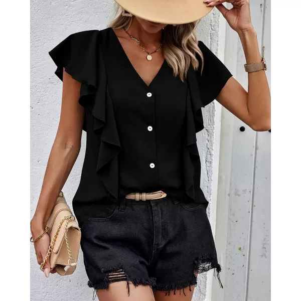 imagePRETTYGARDEN Womens 2024 Summer Cute Tops Ruffle Cap Sleeve V Neck Loose Fit Blouses Dressy Casual Fashion Ladies ShirtsBlack