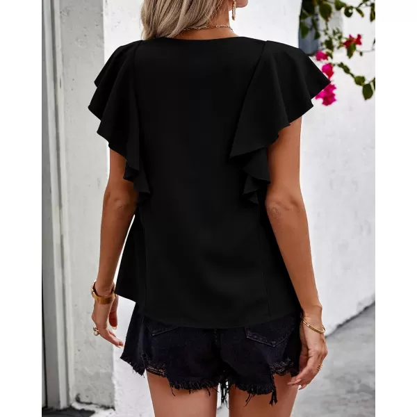 imagePRETTYGARDEN Womens 2024 Summer Cute Tops Ruffle Cap Sleeve V Neck Loose Fit Blouses Dressy Casual Fashion Ladies ShirtsBlack