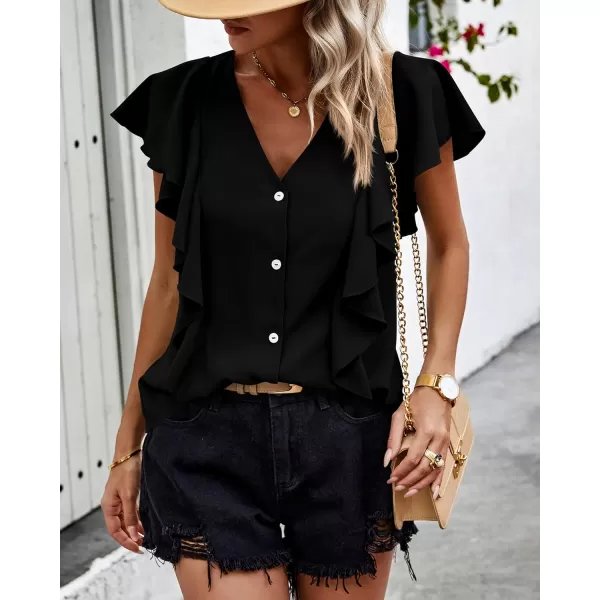 imagePRETTYGARDEN Womens 2024 Summer Cute Tops Ruffle Cap Sleeve V Neck Loose Fit Blouses Dressy Casual Fashion Ladies ShirtsBlack