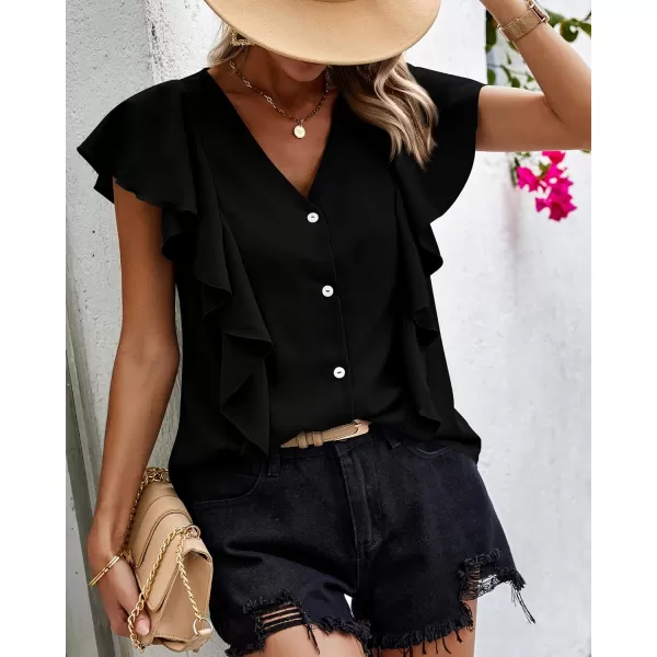 imagePRETTYGARDEN Womens 2024 Summer Cute Tops Ruffle Cap Sleeve V Neck Loose Fit Blouses Dressy Casual Fashion Ladies ShirtsBlack