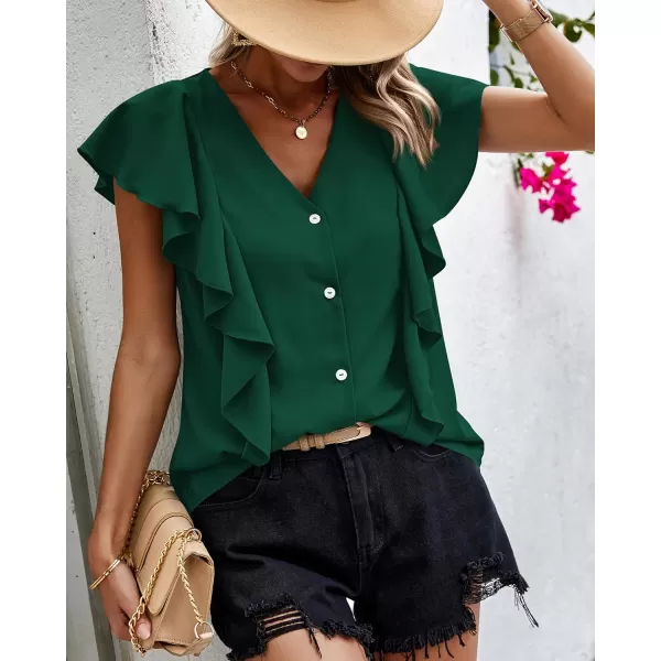 imagePRETTYGARDEN Womens 2024 Summer Cute Tops Ruffle Cap Sleeve V Neck Loose Fit Blouses Dressy Casual Fashion Ladies ShirtsDark Green