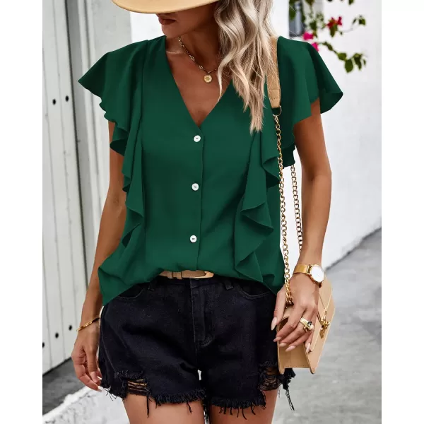 imagePRETTYGARDEN Womens 2024 Summer Cute Tops Ruffle Cap Sleeve V Neck Loose Fit Blouses Dressy Casual Fashion Ladies ShirtsDark Green