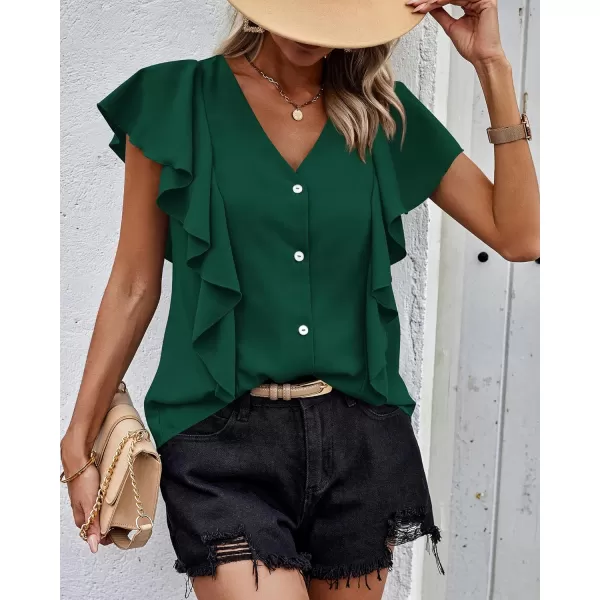 imagePRETTYGARDEN Womens 2024 Summer Cute Tops Ruffle Cap Sleeve V Neck Loose Fit Blouses Dressy Casual Fashion Ladies ShirtsDark Green