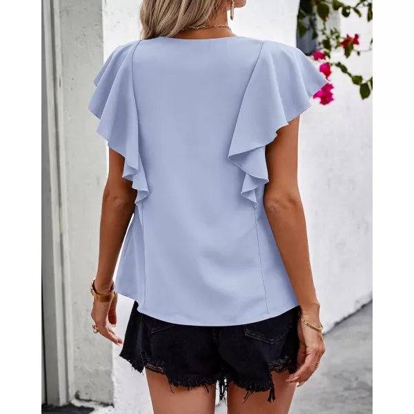 imagePRETTYGARDEN Womens 2024 Summer Cute Tops Ruffle Cap Sleeve V Neck Loose Fit Blouses Dressy Casual Fashion Ladies ShirtsLight Blue