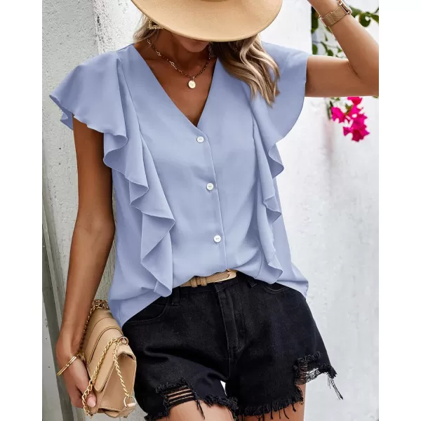 imagePRETTYGARDEN Womens 2024 Summer Cute Tops Ruffle Cap Sleeve V Neck Loose Fit Blouses Dressy Casual Fashion Ladies ShirtsLight Blue