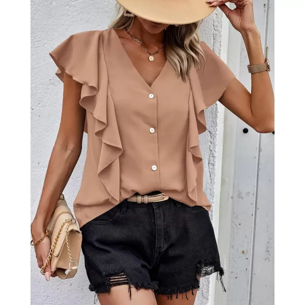 imagePRETTYGARDEN Womens 2024 Summer Cute Tops Ruffle Cap Sleeve V Neck Loose Fit Blouses Dressy Casual Fashion Ladies ShirtsLight Khaki