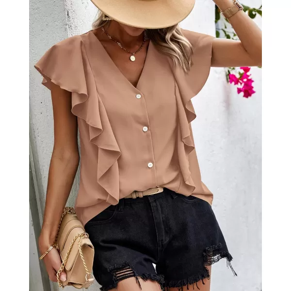 imagePRETTYGARDEN Womens 2024 Summer Cute Tops Ruffle Cap Sleeve V Neck Loose Fit Blouses Dressy Casual Fashion Ladies ShirtsLight Khaki