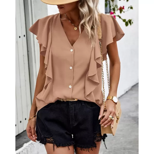 imagePRETTYGARDEN Womens 2024 Summer Cute Tops Ruffle Cap Sleeve V Neck Loose Fit Blouses Dressy Casual Fashion Ladies ShirtsLight Khaki