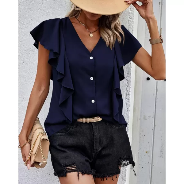 imagePRETTYGARDEN Womens 2024 Summer Cute Tops Ruffle Cap Sleeve V Neck Loose Fit Blouses Dressy Casual Fashion Ladies ShirtsNavy