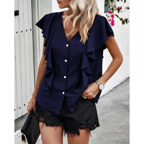 imagePRETTYGARDEN Womens 2024 Summer Cute Tops Ruffle Cap Sleeve V Neck Loose Fit Blouses Dressy Casual Fashion Ladies ShirtsNavy