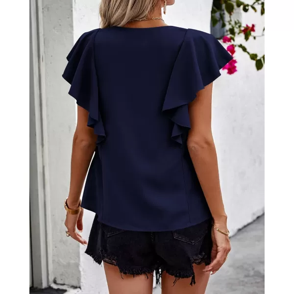 imagePRETTYGARDEN Womens 2024 Summer Cute Tops Ruffle Cap Sleeve V Neck Loose Fit Blouses Dressy Casual Fashion Ladies ShirtsNavy