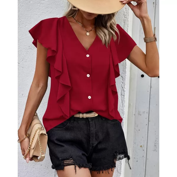 imagePRETTYGARDEN Womens 2024 Summer Cute Tops Ruffle Cap Sleeve V Neck Loose Fit Blouses Dressy Casual Fashion Ladies ShirtsWine Red