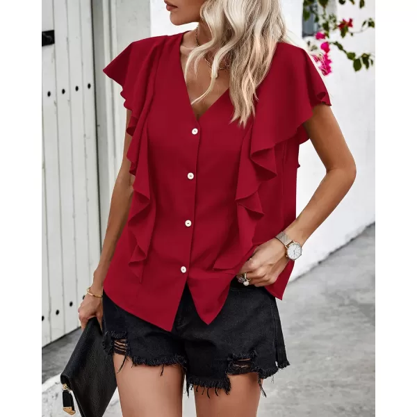 imagePRETTYGARDEN Womens 2024 Summer Cute Tops Ruffle Cap Sleeve V Neck Loose Fit Blouses Dressy Casual Fashion Ladies ShirtsWine Red