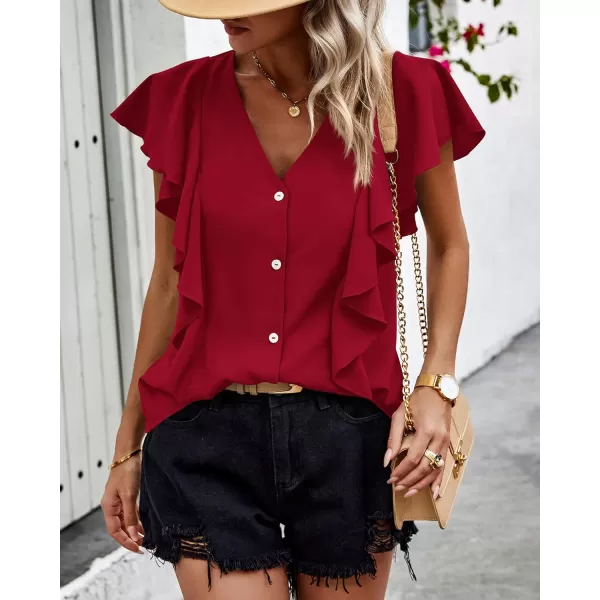 imagePRETTYGARDEN Womens 2024 Summer Cute Tops Ruffle Cap Sleeve V Neck Loose Fit Blouses Dressy Casual Fashion Ladies ShirtsWine Red