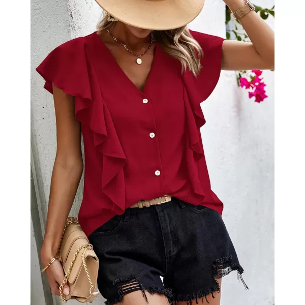 imagePRETTYGARDEN Womens 2024 Summer Cute Tops Ruffle Cap Sleeve V Neck Loose Fit Blouses Dressy Casual Fashion Ladies ShirtsWine Red