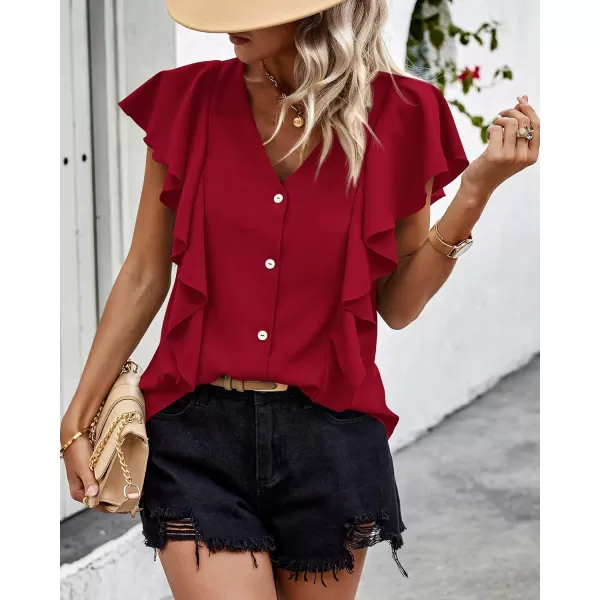 imagePRETTYGARDEN Womens 2024 Summer Cute Tops Ruffle Cap Sleeve V Neck Loose Fit Blouses Dressy Casual Fashion Ladies ShirtsWine Red