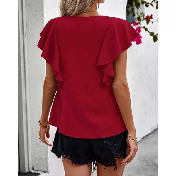 imagePRETTYGARDEN Womens 2024 Summer Cute Tops Ruffle Cap Sleeve V Neck Loose Fit Blouses Dressy Casual Fashion Ladies ShirtsWine Red