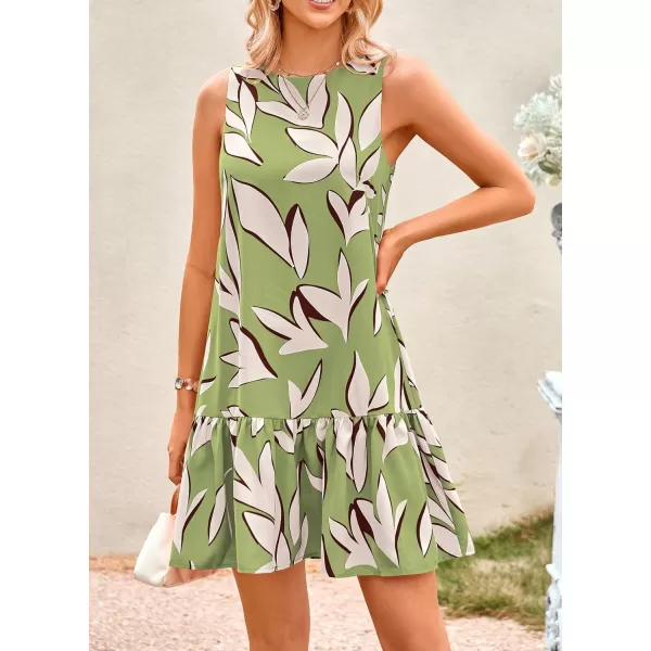 imagePRETTYGARDEN Womens 2024 Summer Floral Mini Dress Sleeveless Cut Out Backless Ruffle Boho Beach Vacation Short SundressesFloral Grass Green Beige