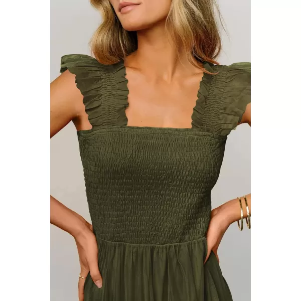 imagePRETTYGARDEN Womens 2024 Summer Midi Dress Casual Sleeveless Smocked Ruffle Tulle Flowy Beach SundressArmy Green