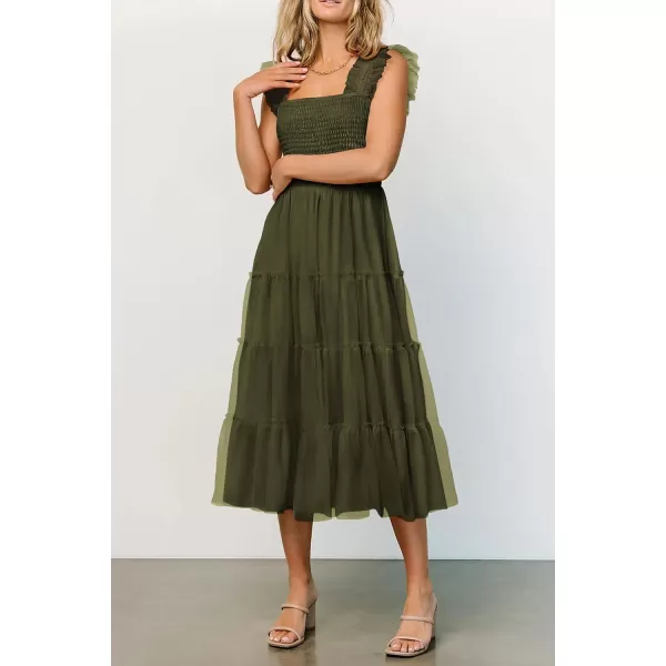 imagePRETTYGARDEN Womens 2024 Summer Midi Dress Casual Sleeveless Smocked Ruffle Tulle Flowy Beach SundressArmy Green
