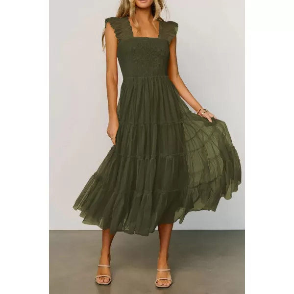 imagePRETTYGARDEN Womens 2024 Summer Midi Dress Casual Sleeveless Smocked Ruffle Tulle Flowy Beach SundressArmy Green
