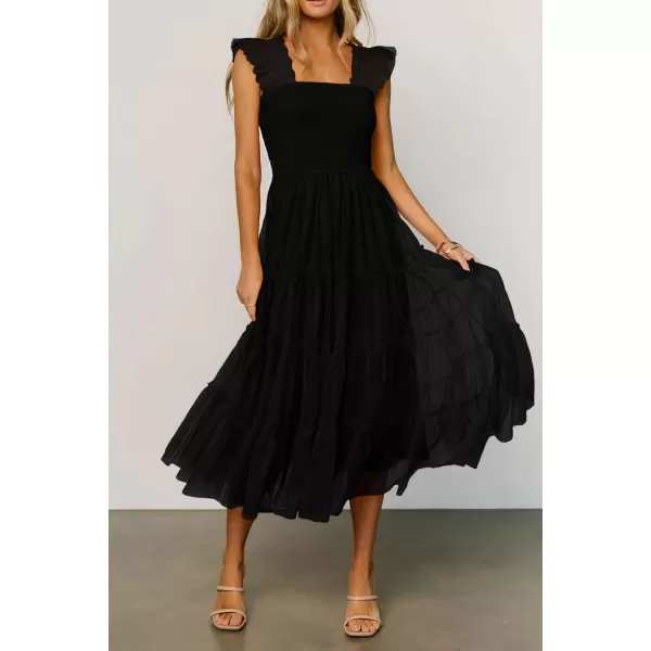 imagePRETTYGARDEN Womens 2024 Summer Midi Dress Casual Sleeveless Smocked Ruffle Tulle Flowy Beach SundressBlack