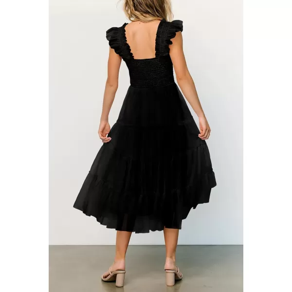 imagePRETTYGARDEN Womens 2024 Summer Midi Dress Casual Sleeveless Smocked Ruffle Tulle Flowy Beach SundressBlack