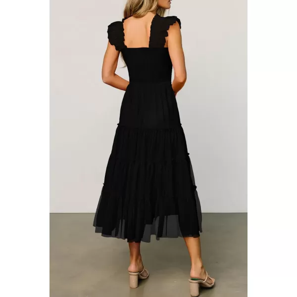 imagePRETTYGARDEN Womens 2024 Summer Midi Dress Casual Sleeveless Smocked Ruffle Tulle Flowy Beach SundressBlack