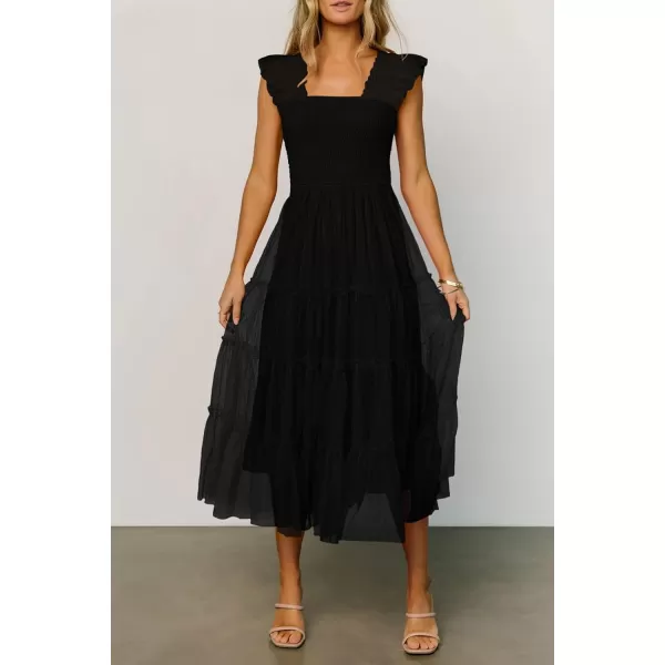 imagePRETTYGARDEN Womens 2024 Summer Midi Dress Casual Sleeveless Smocked Ruffle Tulle Flowy Beach SundressBlack