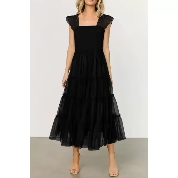 imagePRETTYGARDEN Womens 2024 Summer Midi Dress Casual Sleeveless Smocked Ruffle Tulle Flowy Beach SundressBlack