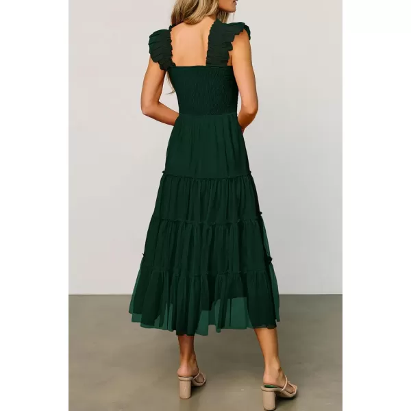 imagePRETTYGARDEN Womens 2024 Summer Midi Dress Casual Sleeveless Smocked Ruffle Tulle Flowy Beach SundressDark Green