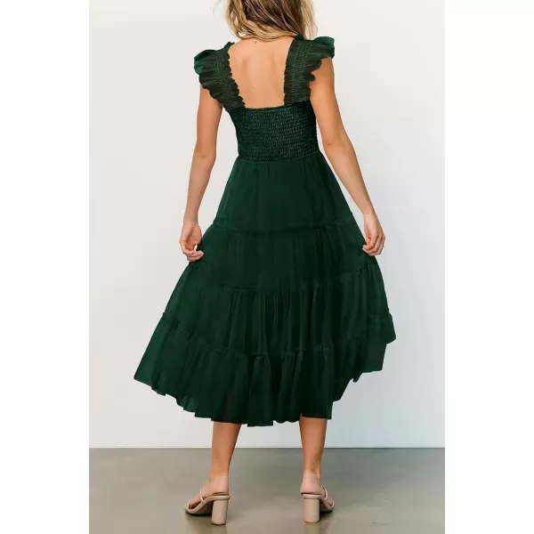 imagePRETTYGARDEN Womens 2024 Summer Midi Dress Casual Sleeveless Smocked Ruffle Tulle Flowy Beach SundressDark Green
