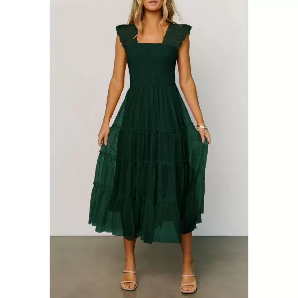 imagePRETTYGARDEN Womens 2024 Summer Midi Dress Casual Sleeveless Smocked Ruffle Tulle Flowy Beach SundressDark Green